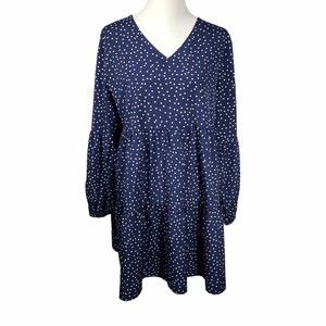 Arolina X-Large Blue & White Polkadot Long-Sleeve V-Neck Tiered Tunic Dress
